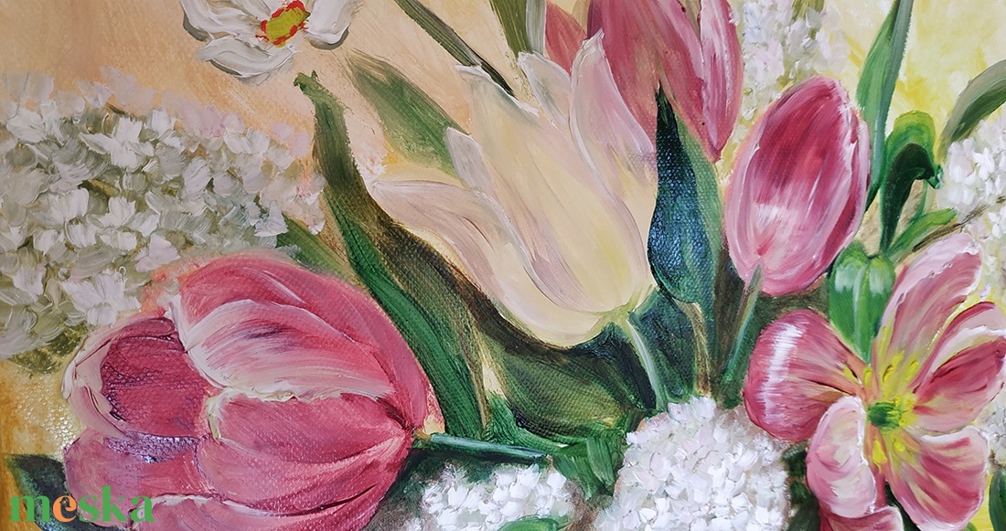 Fehér orgona tulipánokkal aranycsíkos vázában - olaj csendélet - művészet - festmény - olajfestmény - Meska.hu