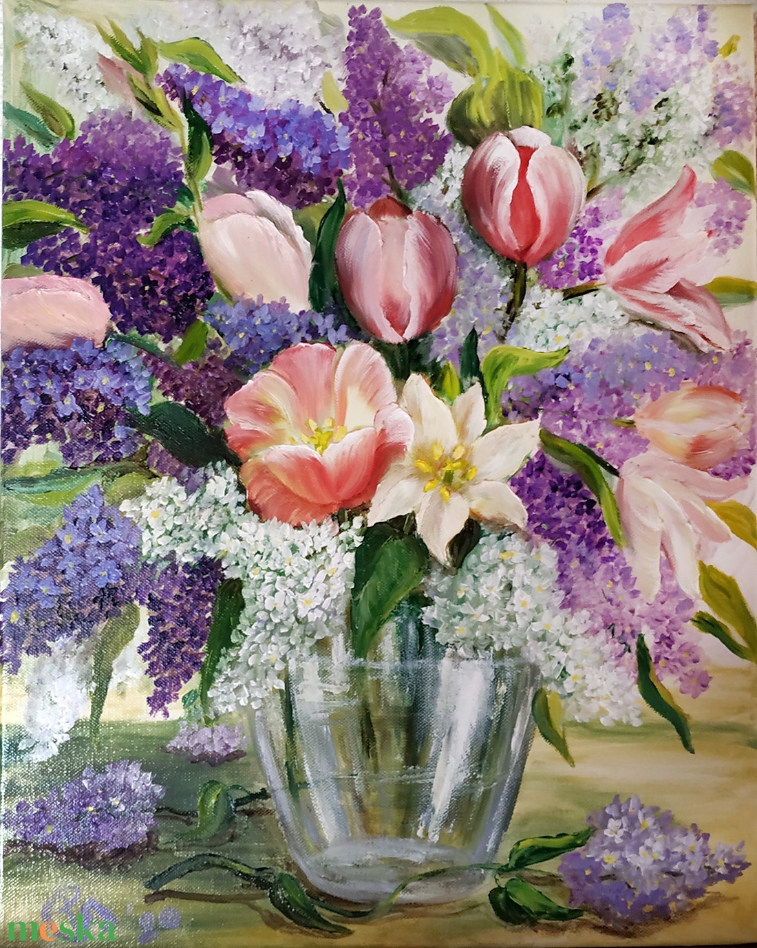 Tulipános orgonacsokor üveg vázában 40x50 cm - olaj csendélet - művészet - festmény - olajfestmény - Meska.hu