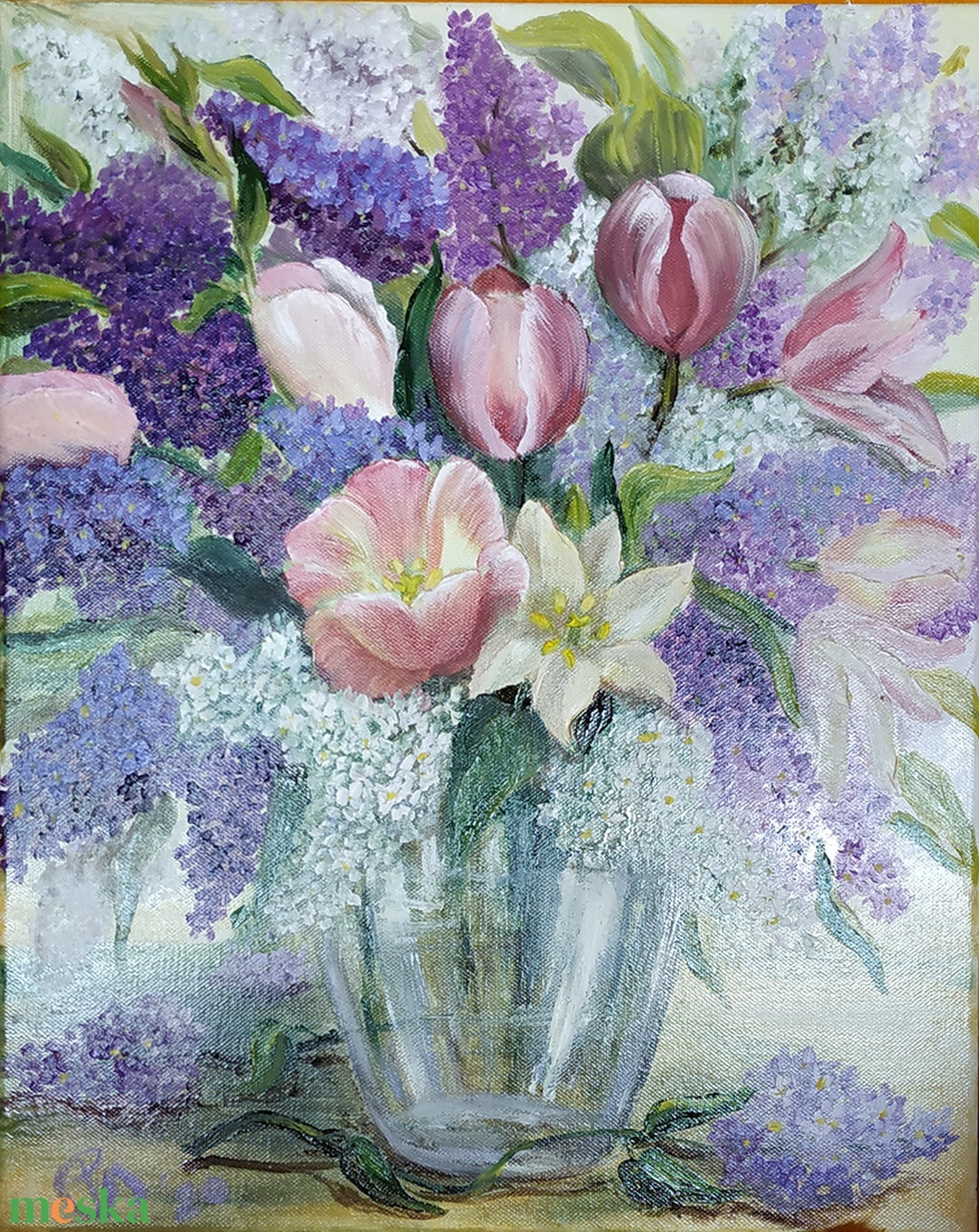 Tulipános orgonacsokor üveg vázában 40x50 cm - olaj csendélet - művészet - festmény - olajfestmény - Meska.hu