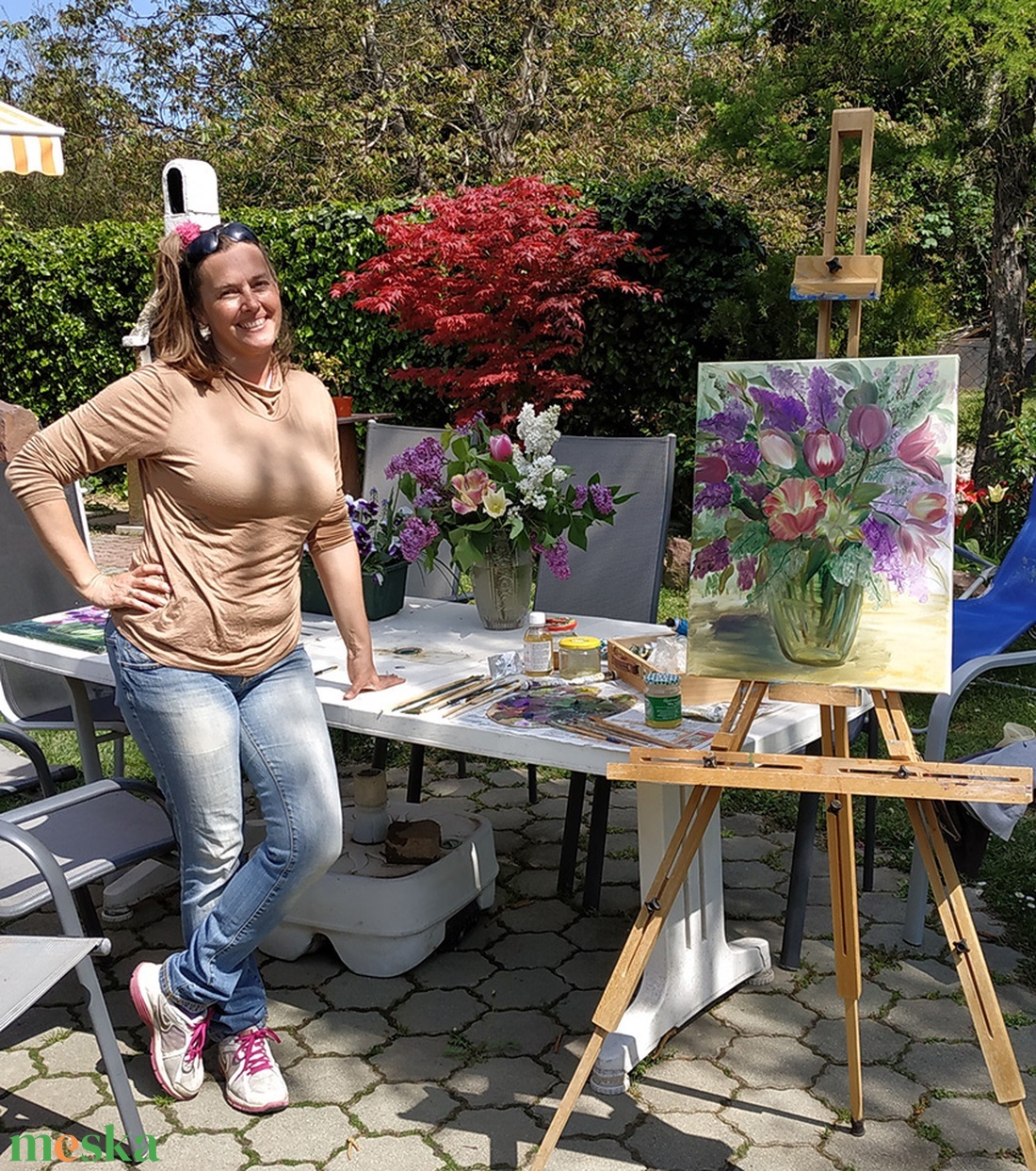 Tulipános orgonacsokor üveg vázában 40x50 cm - olaj csendélet - művészet - festmény - olajfestmény - Meska.hu