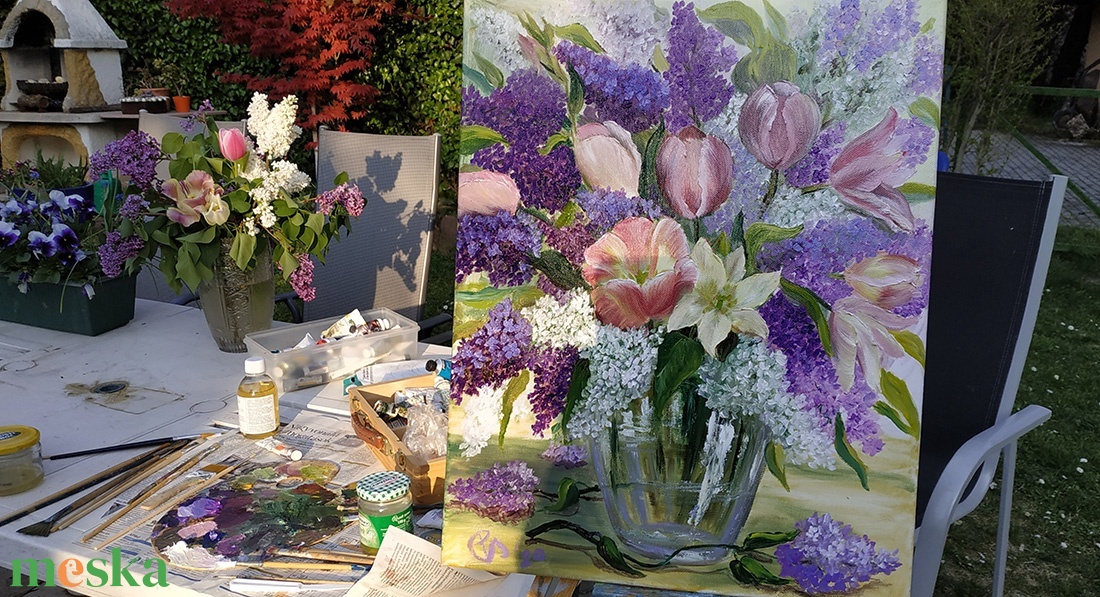 Tulipános orgonacsokor üveg vázában 40x50 cm - olaj csendélet - művészet - festmény - olajfestmény - Meska.hu