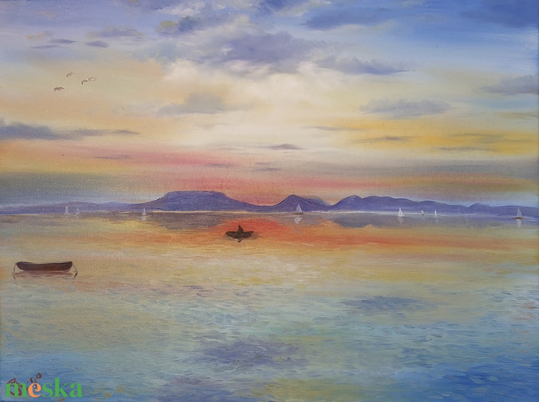 Badacsonyi naplemente Fonyódról - olaj tájkép 80x60cm - művészet - festmény - olajfestmény - Meska.hu