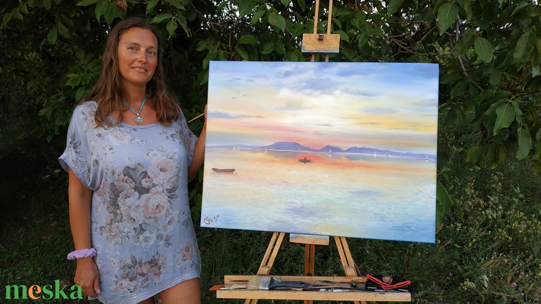 Badacsonyi naplemente Fonyódról - olaj tájkép 80x60cm - művészet - festmény - olajfestmény - Meska.hu