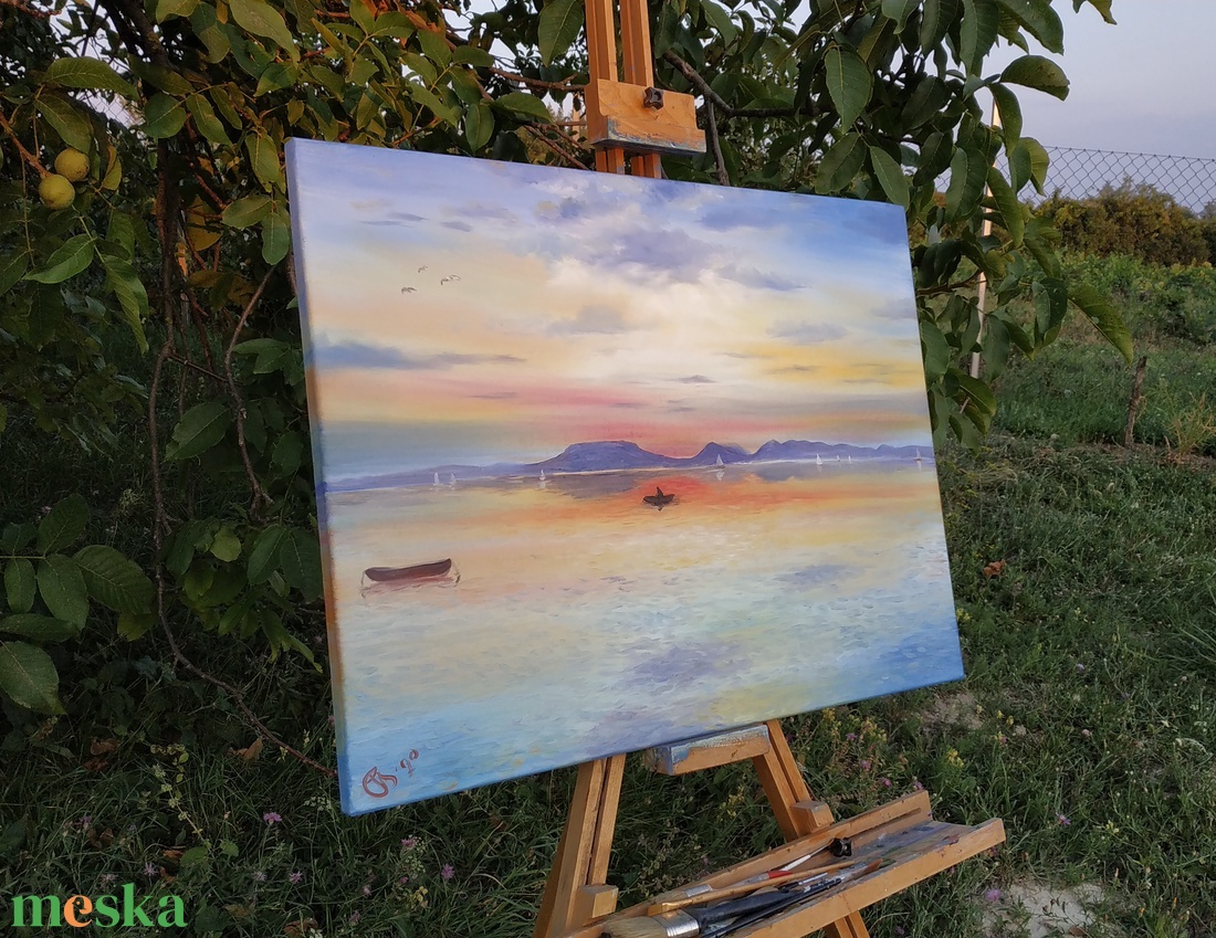 Badacsonyi naplemente Fonyódról - olaj tájkép 80x60cm - művészet - festmény - olajfestmény - Meska.hu