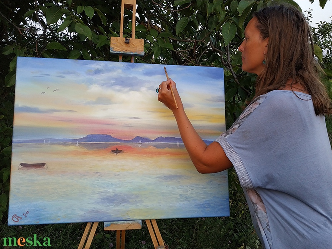 Badacsonyi naplemente Fonyódról - olaj tájkép 80x60cm - művészet - festmény - olajfestmény - Meska.hu