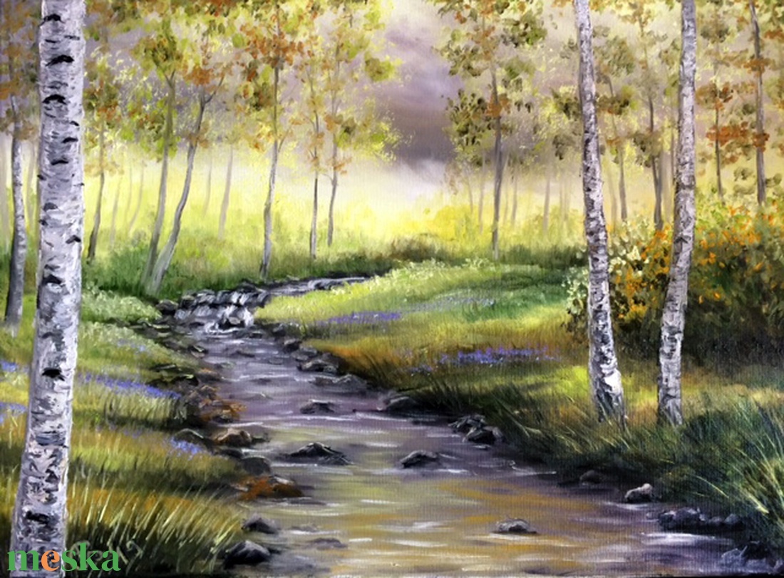 Őszi nyírfaerdő patakkal - olaj tájkép 70x50cm - művészet - festmény - olajfestmény - Meska.hu