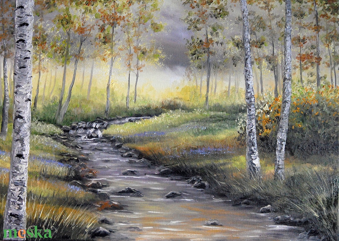 Őszi nyírfaerdő patakkal - olaj tájkép 70x50cm - művészet - festmény - olajfestmény - Meska.hu