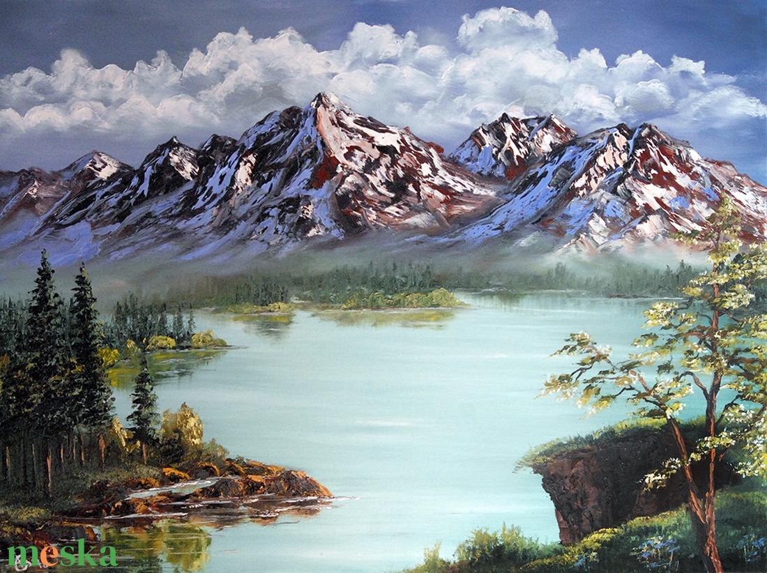 Képzeletbeli Alpesi hegyi tó - olaj tájkép 80x60cm - művészet - festmény - olajfestmény - Meska.hu