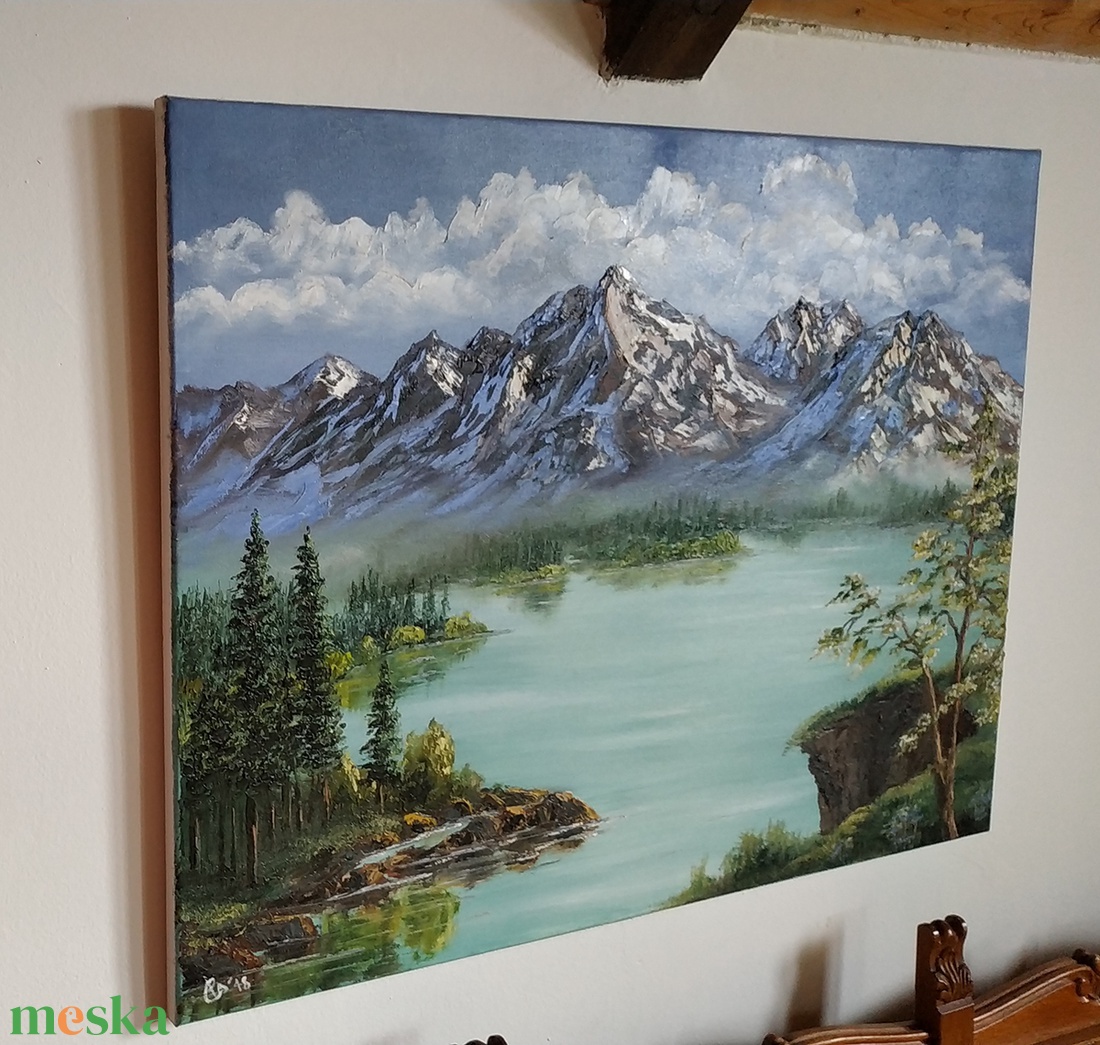 Képzeletbeli Alpesi hegyi tó - olaj tájkép 80x60cm - művészet - festmény - olajfestmény - Meska.hu