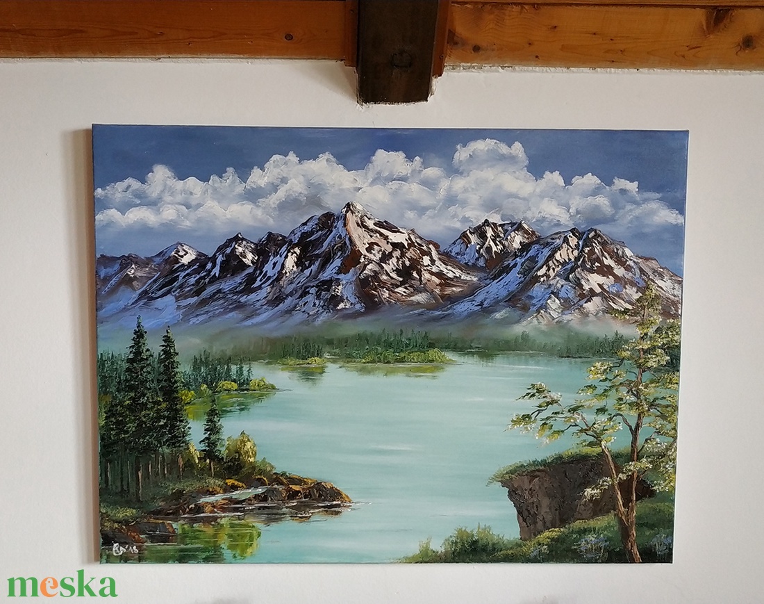 Képzeletbeli Alpesi hegyi tó - olaj tájkép 80x60cm - művészet - festmény - olajfestmény - Meska.hu