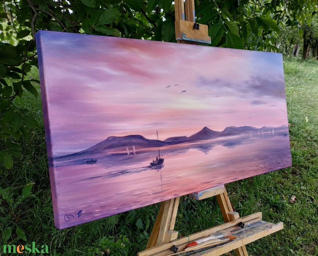 Lila naplemente Fonyódnál vitorlással - 3D-s olaj tájkép - 100x50cm - művészet - festmény - olajfestmény - Meska.hu