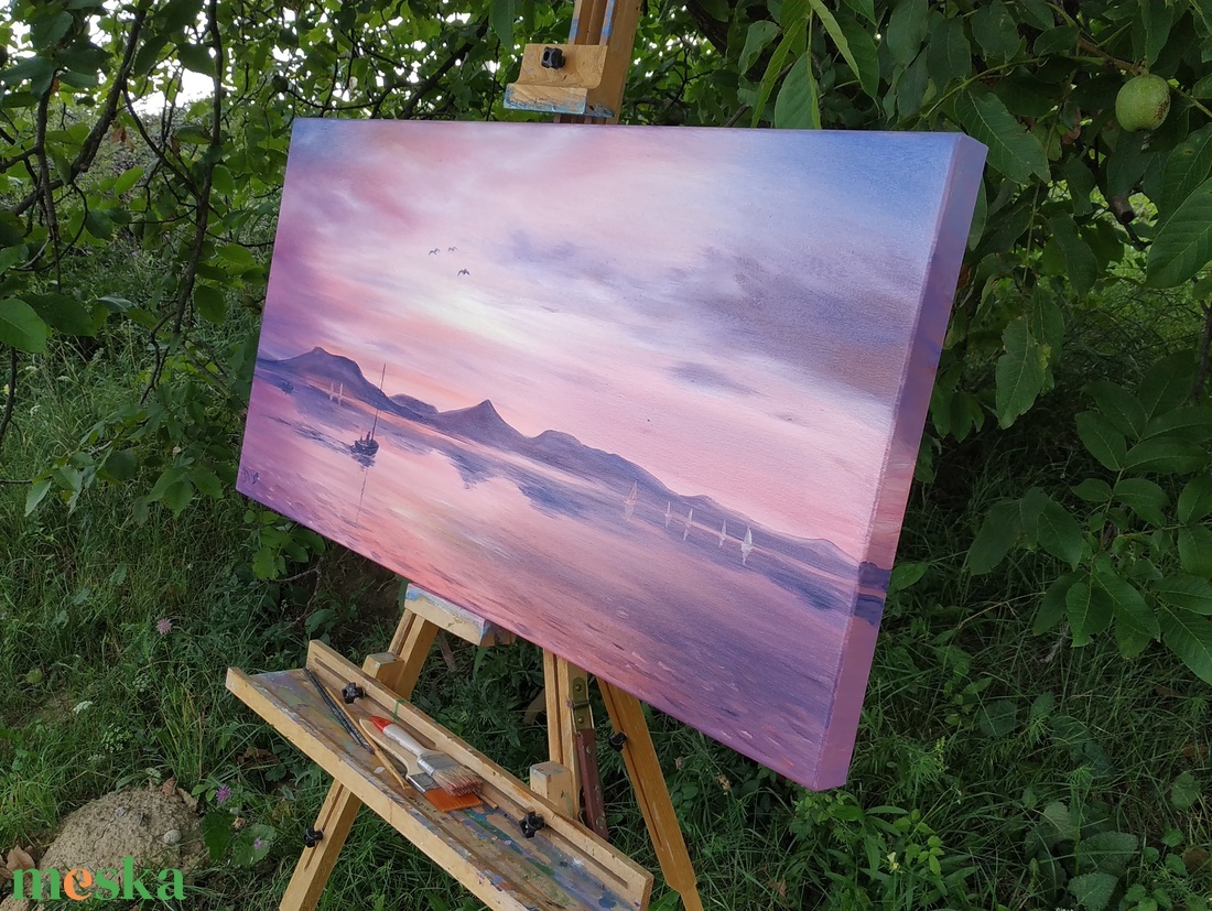 Lila naplemente Fonyódnál vitorlással - 3D-s olaj tájkép - 100x50cm - művészet - festmény - olajfestmény - Meska.hu