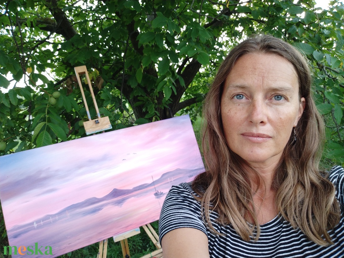 Lila naplemente Fonyódnál vitorlással - 3D-s olaj tájkép - 100x50cm - művészet - festmény - olajfestmény - Meska.hu