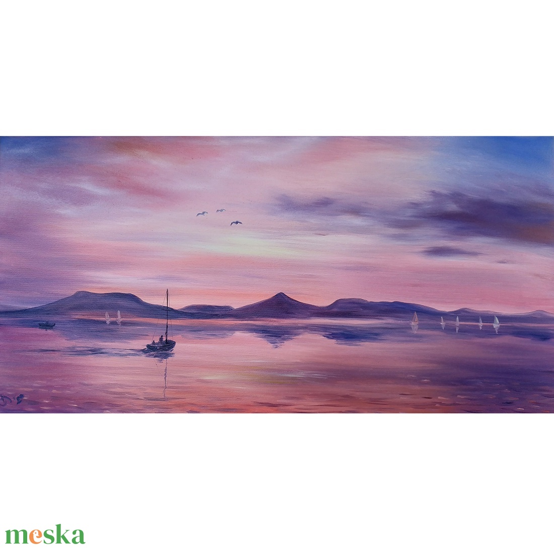 Lila naplemente Fonyódnál vitorlással - 3D-s olaj tájkép - 100x50cm - művészet - festmény - olajfestmény - Meska.hu