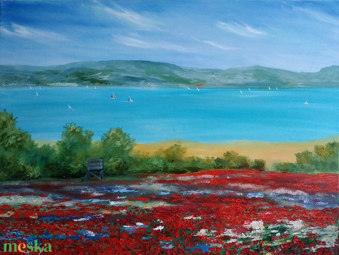 Pipacsmező a Balatonnál - olaj tájkép 80x60cm - művészet - festmény - olajfestmény - Meska.hu