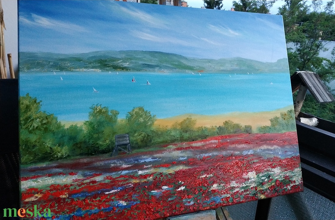Pipacsmező a Balatonnál - olaj tájkép 80x60cm - művészet - festmény - olajfestmény - Meska.hu