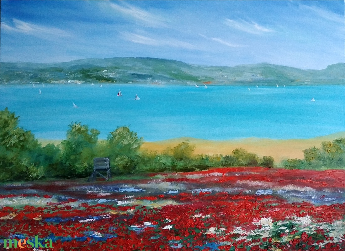 Pipacsmező a Balatonnál - olaj tájkép 80x60cm - művészet - festmény - olajfestmény - Meska.hu