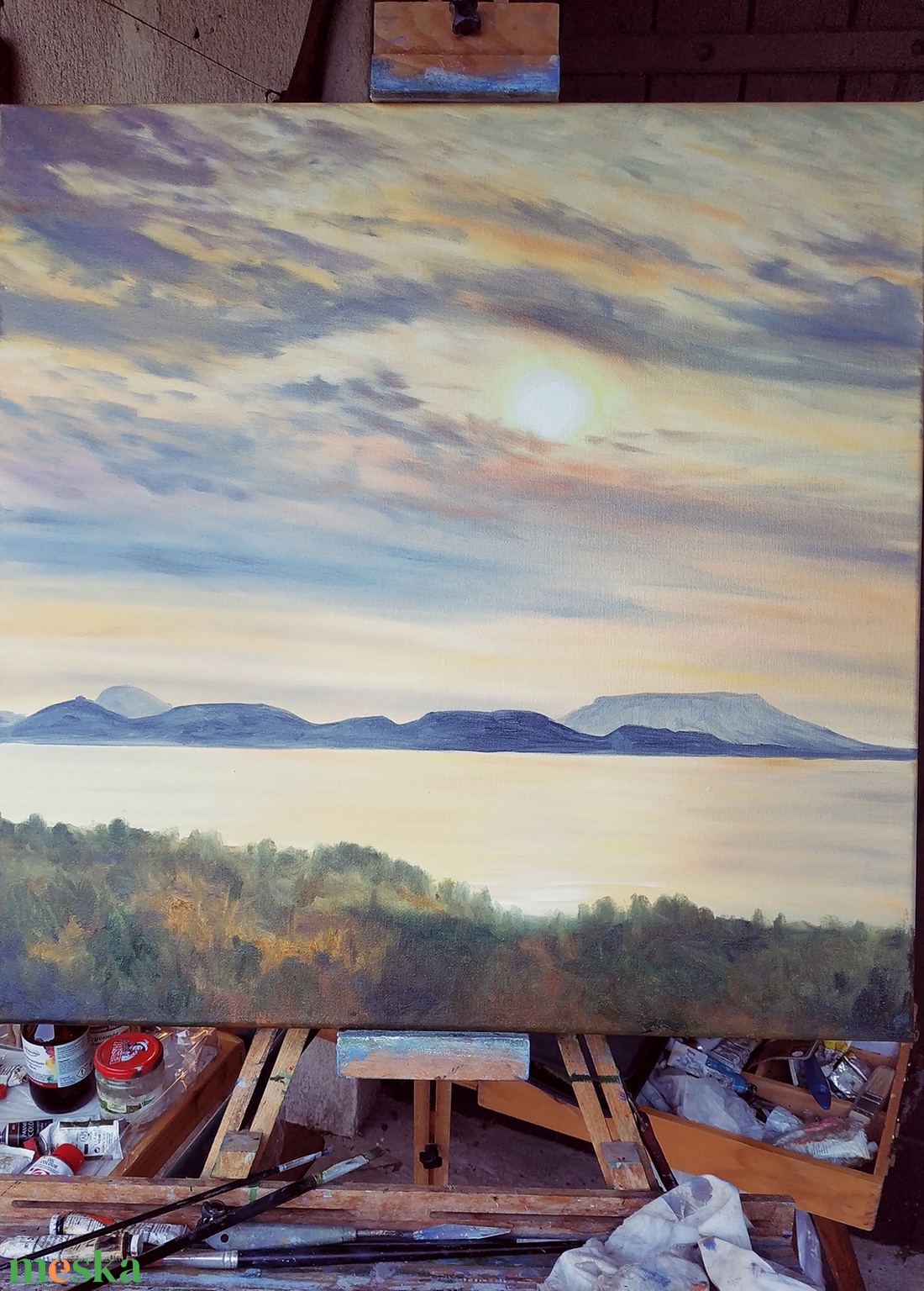 Balatongyörök, naplemente - 3 D-s olaj tájkép 60x60x4 cm - művészet - festmény - olajfestmény - Meska.hu