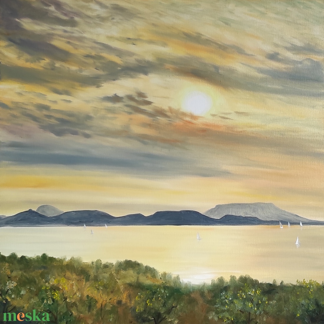 Balatongyörök, naplemente - 3 D-s olaj tájkép 60x60x4 cm - művészet - festmény - olajfestmény - Meska.hu