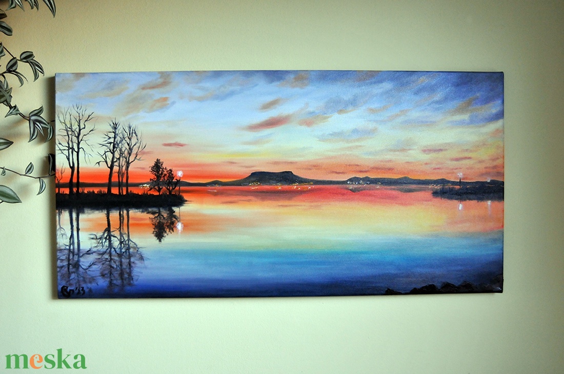 Badacsonyi naplemente Fonyódról - olaj tájkép 100x50cm - művészet - festmény - olajfestmény - Meska.hu