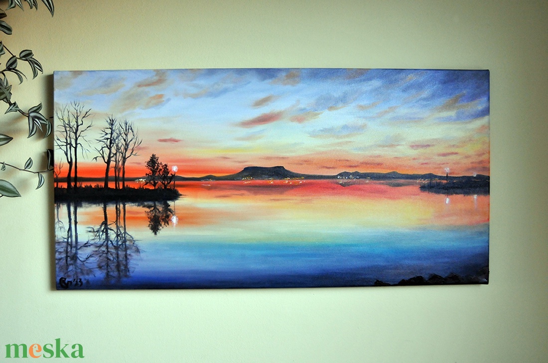 Badacsonyi naplemente ősszel - olaj tájkép 100x50cm - művészet - festmény - olajfestmény - Meska.hu