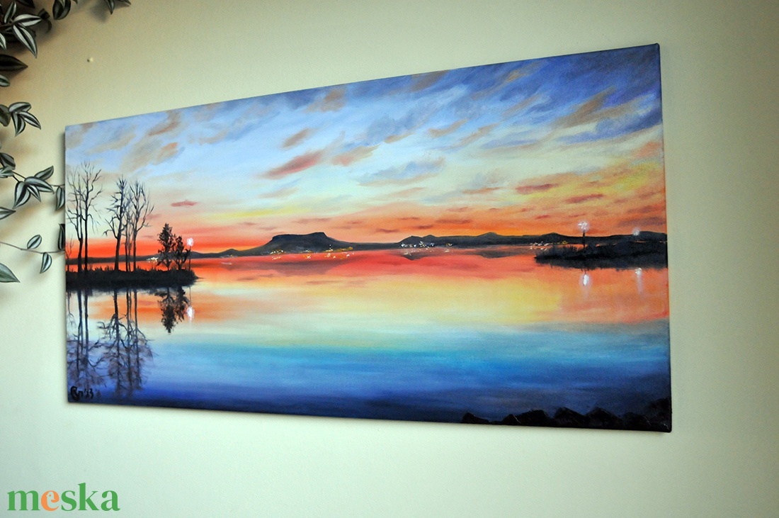 Badacsonyi naplemente ősszel - olaj tájkép 100x50cm - művészet - festmény - olajfestmény - Meska.hu