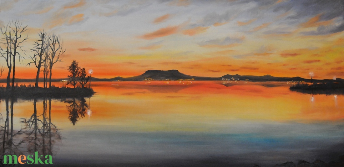Badacsonyi naplemente ősszel - olaj tájkép 100x50cm - művészet - festmény - olajfestmény - Meska.hu