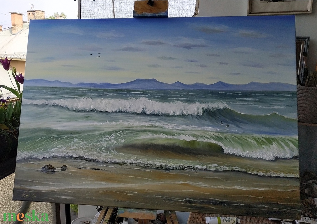 Balatoni hullámok Fonyódnál - nagyméretű olaj tájkép 100x70cm - művészet - festmény - olajfestmény - Meska.hu