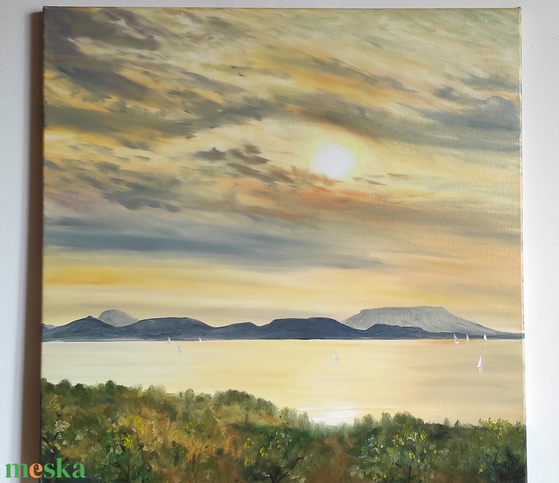 Balatongyörök, naplemente - 3 D-s olaj tájkép 60x60x4 cm - művészet - festmény - olajfestmény - Meska.hu