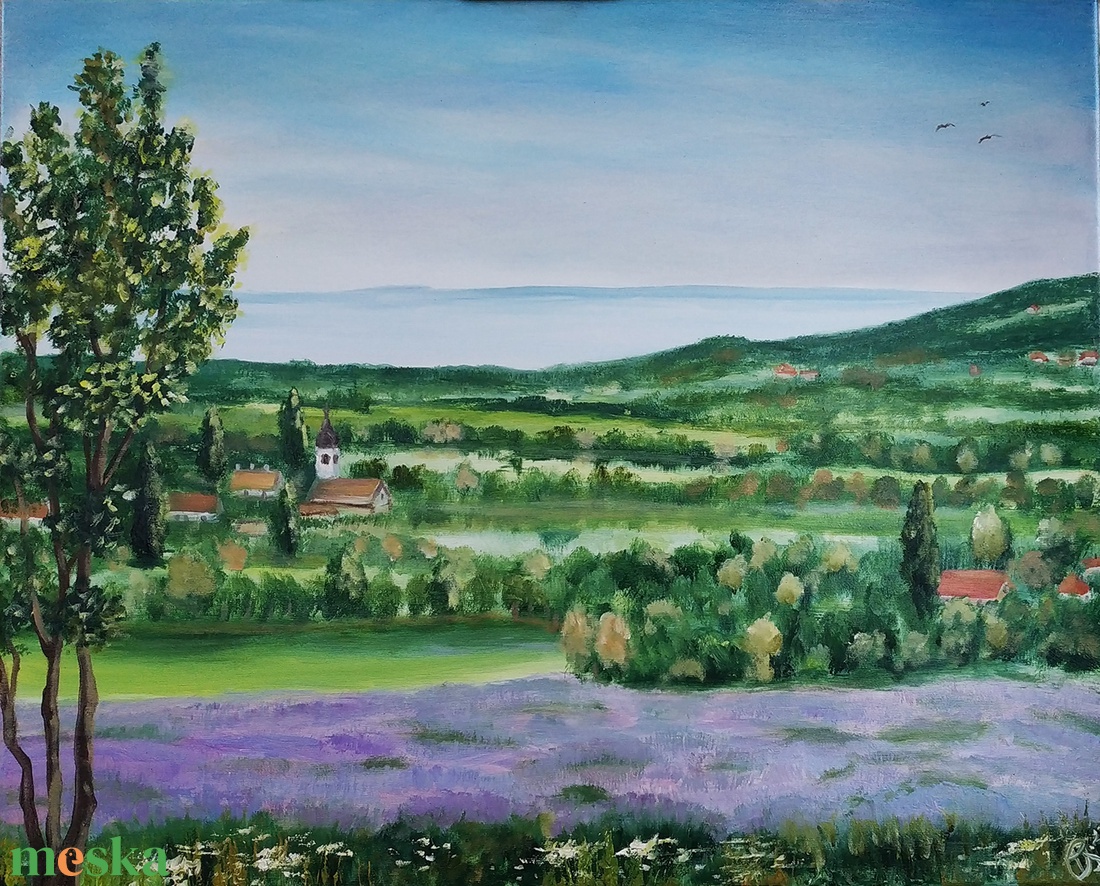 Levendulás a Balatonnál - olaj tájkép 70 cmx50 cm - művészet - festmény - olajfestmény - Meska.hu