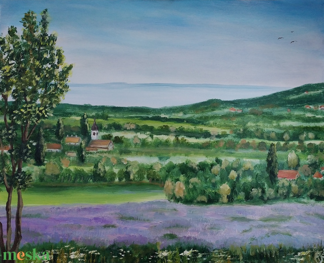 Levendulás a Balatonnál - olaj tájkép 70 cmx50 cm - művészet - festmény - olajfestmény - Meska.hu