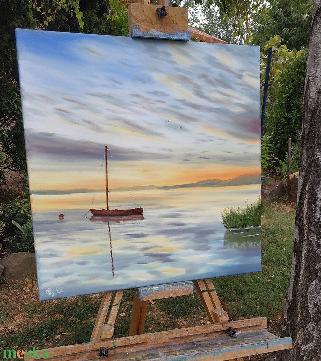 Kenesei Kalóz a naplementében - Balatoni olaj tájkép 50 cmx50 cm - művészet - festmény - olajfestmény - Meska.hu