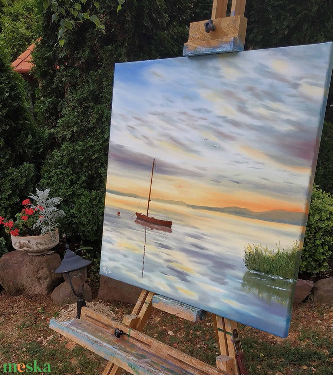 Kenesei Kalóz a naplementében - Balatoni olaj tájkép 50 cmx50 cm - művészet - festmény - olajfestmény - Meska.hu