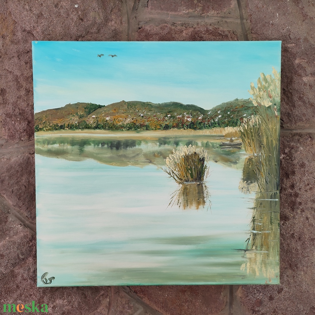 Csopaki öböl horgásszal- Balatonnál készült olaj tájkép 40x40 cm - művészet - festmény - olajfestmény - Meska.hu