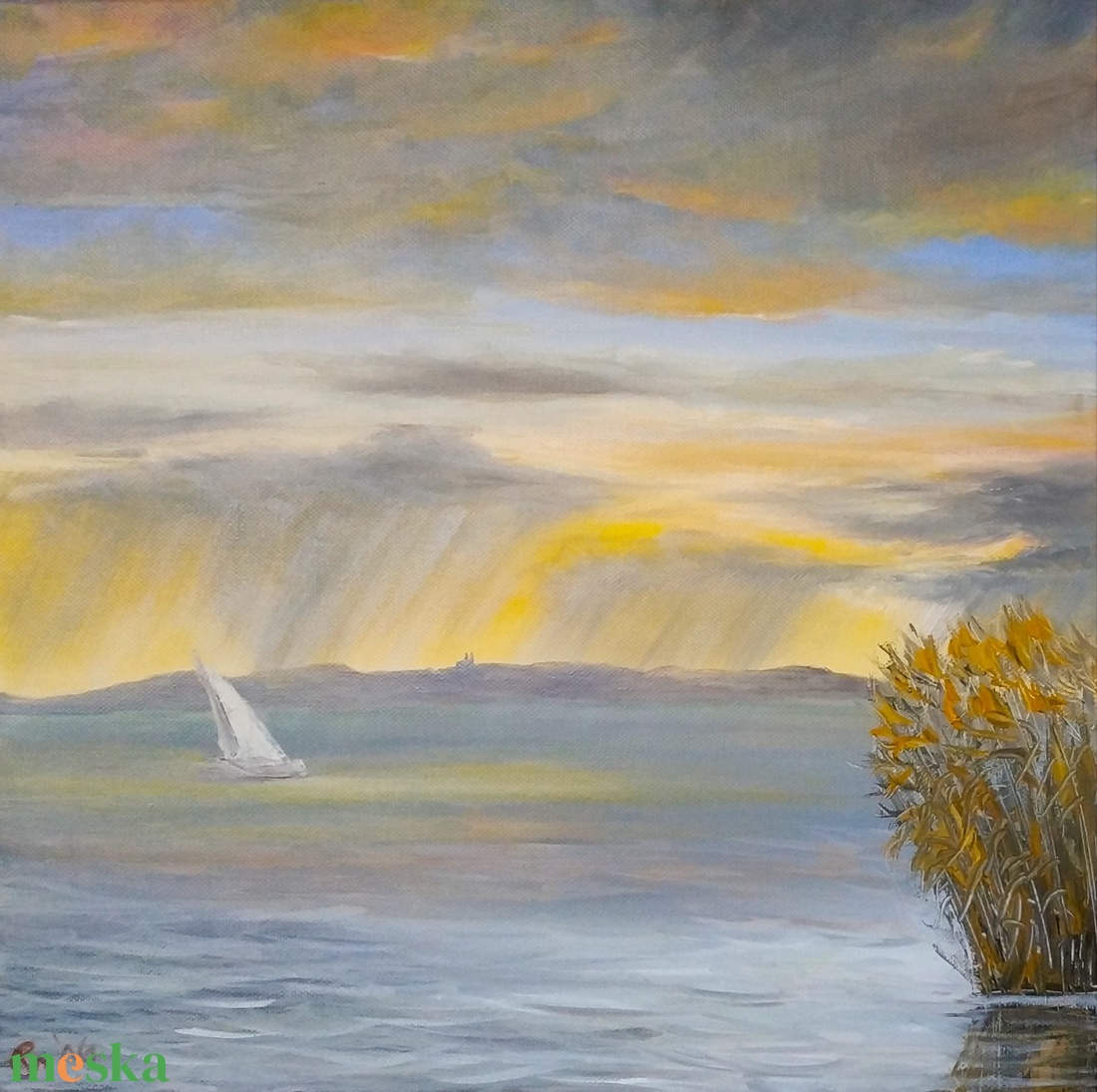 Tihanyi zápor ősszel vitorlással - Balatonnál készült olaj tájkép 40x40 cm - művészet - festmény - olajfestmény - Meska.hu