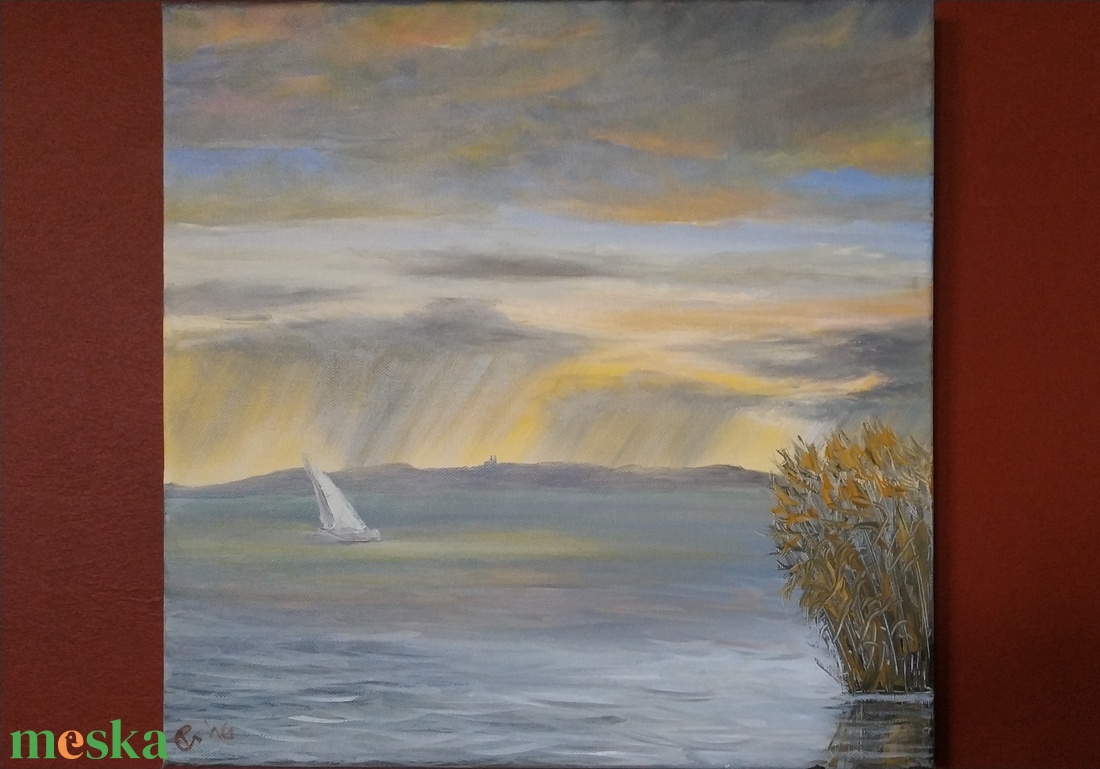 Tihanyi zápor ősszel vitorlással - Balatonnál készült olaj tájkép 40x40 cm - művészet - festmény - olajfestmény - Meska.hu