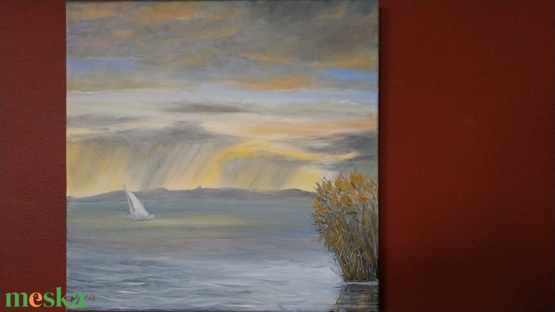Tihanyi zápor ősszel vitorlással - Balatonnál készült olaj tájkép 40x40 cm - művészet - festmény - olajfestmény - Meska.hu