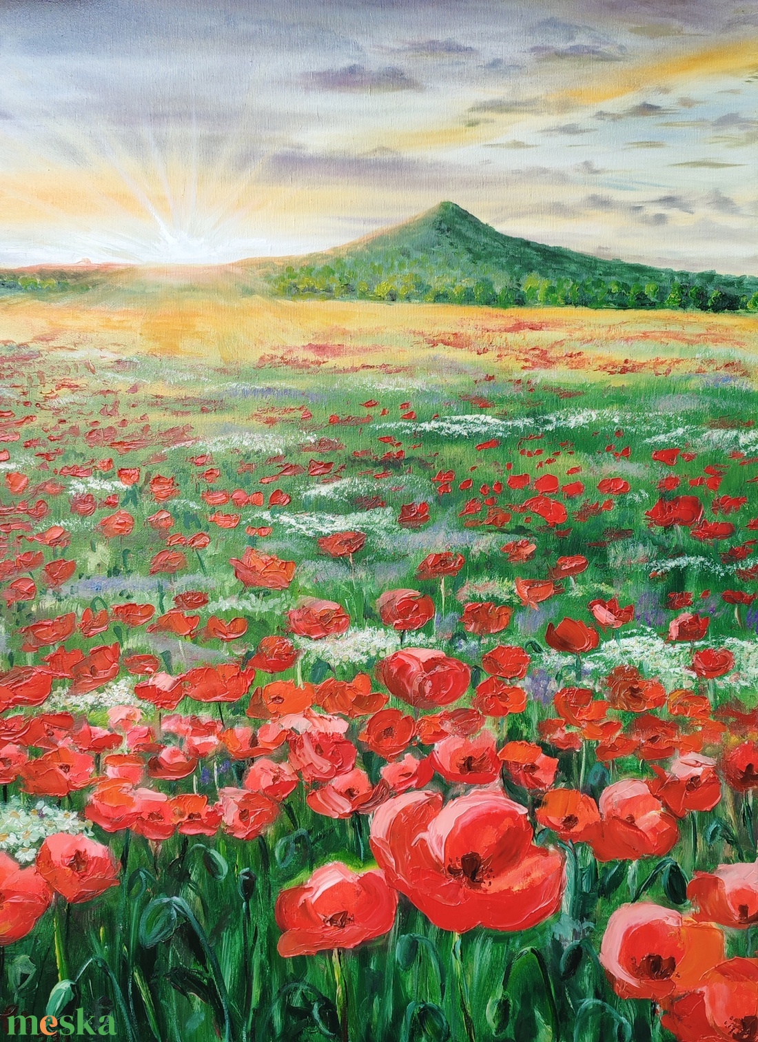 Naplemente a Gulács mögött pipacsos réttel- 100x70cm olaj tájkép  - művészet - festmény - olajfestmény - Meska.hu