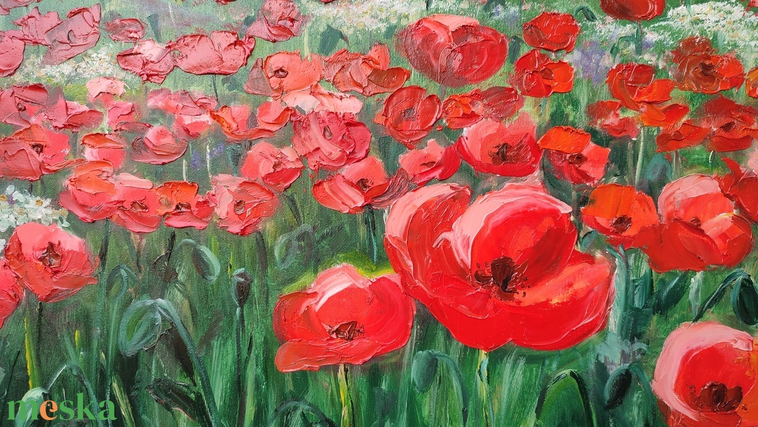 Naplemente a Gulács mögött pipacsos réttel- 100x70cm olaj tájkép  - művészet - festmény - olajfestmény - Meska.hu