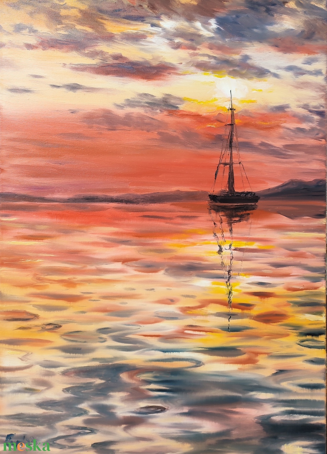 Vitorlás a naplementében - Balatoni olaj tájkép 50x70 cm - művészet - festmény - olajfestmény - Meska.hu