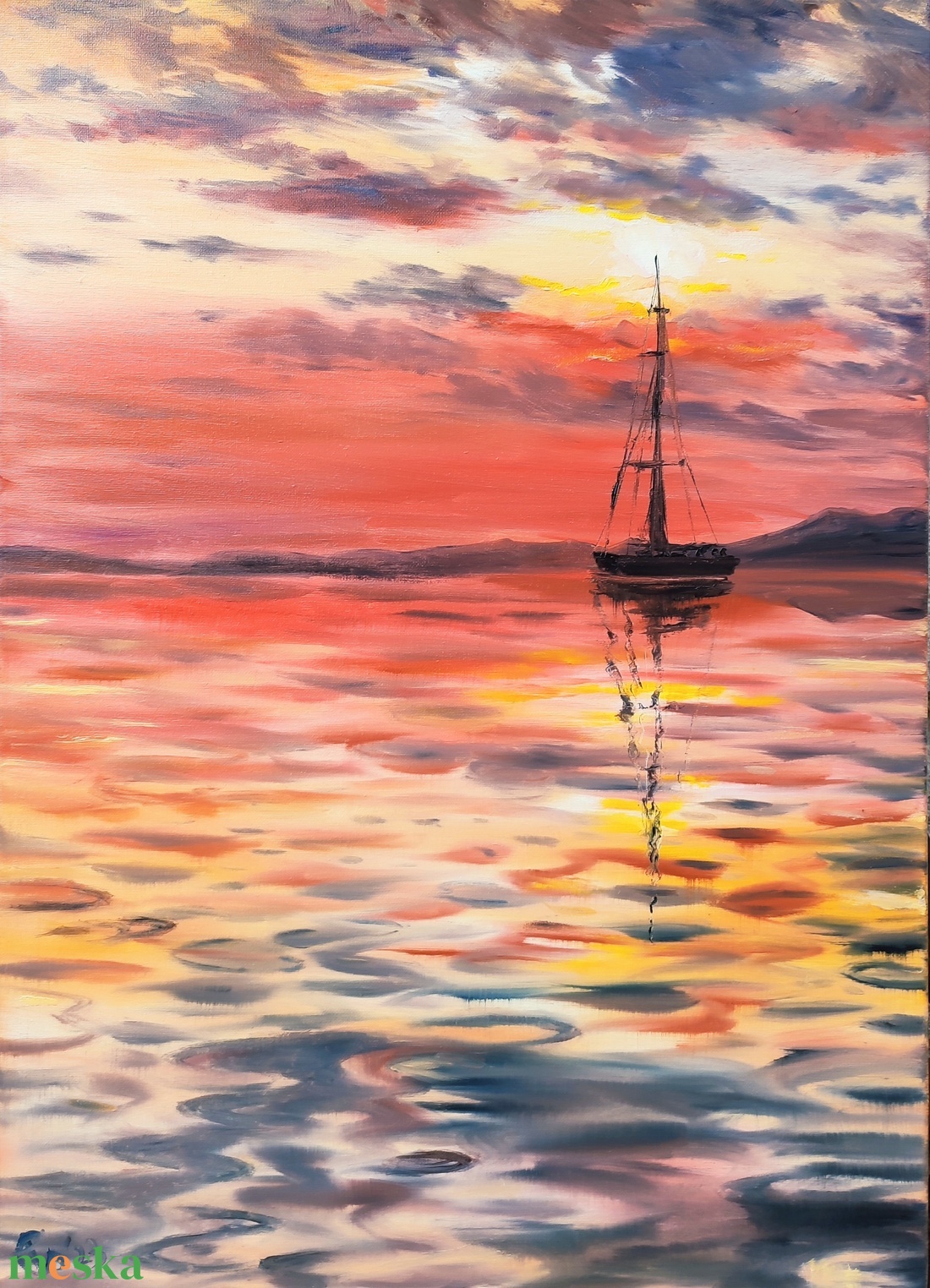 Vitorlás a naplementében - Balatoni olaj tájkép 50x70 cm - művészet - festmény - olajfestmény - Meska.hu