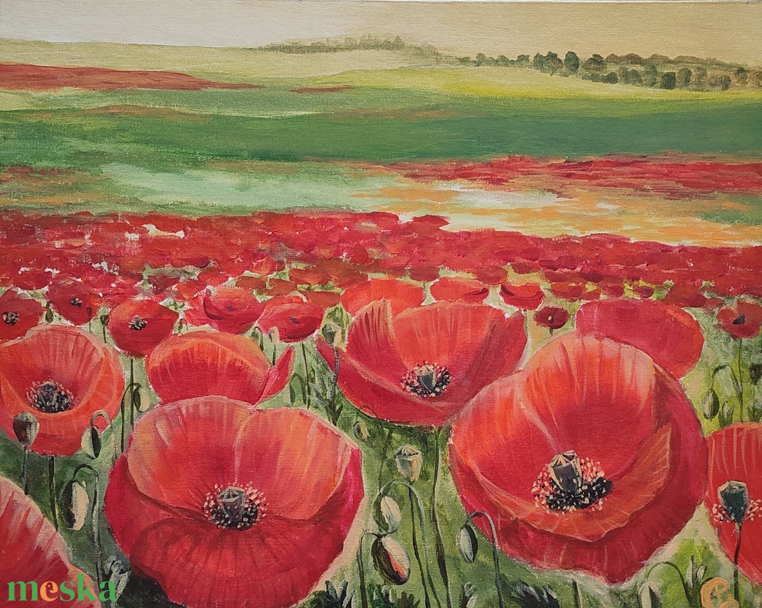 Pipacsmező a domboldalon - akril tájkép 50x40cm - művészet - festmény - akril - Meska.hu