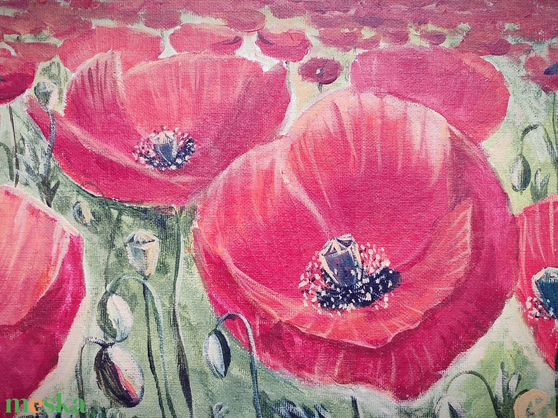 Pipacsmező a domboldalon - akril tájkép 50x40cm - művészet - festmény - akril - Meska.hu