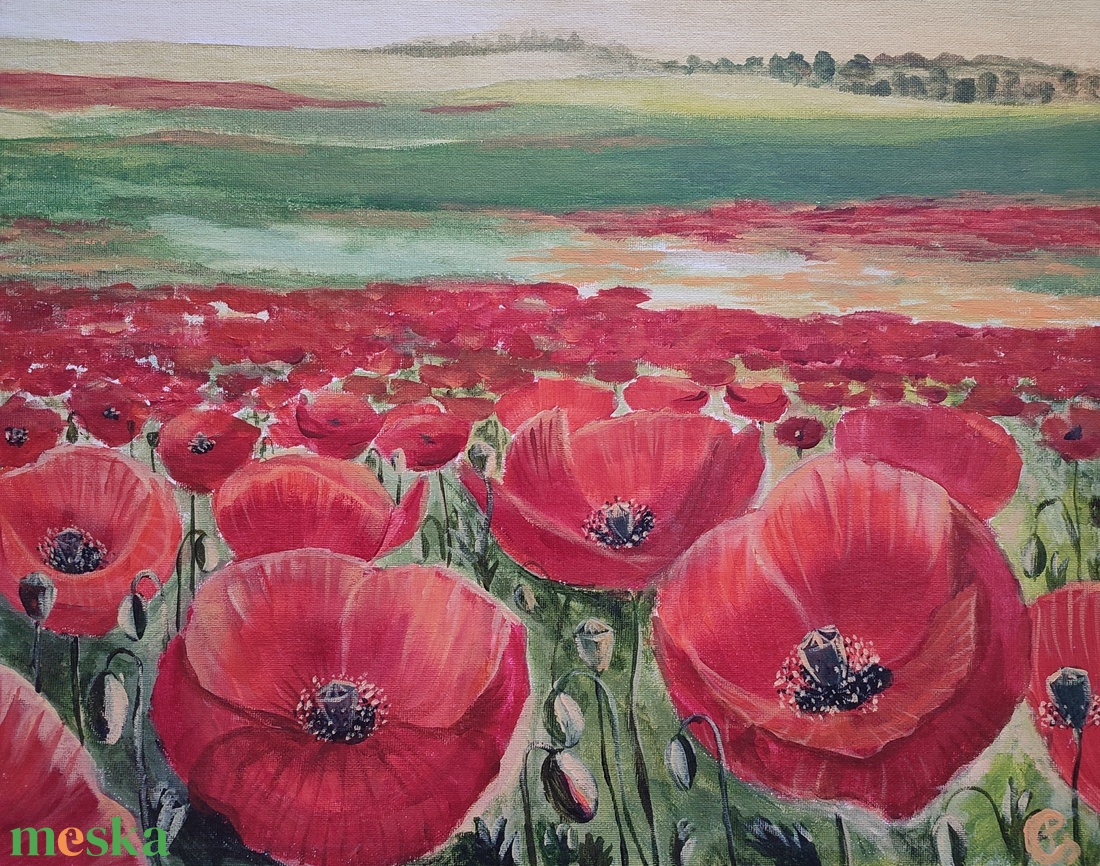 Pipacsmező a domboldalon - akril tájkép 50x40cm - művészet - festmény - akril - Meska.hu