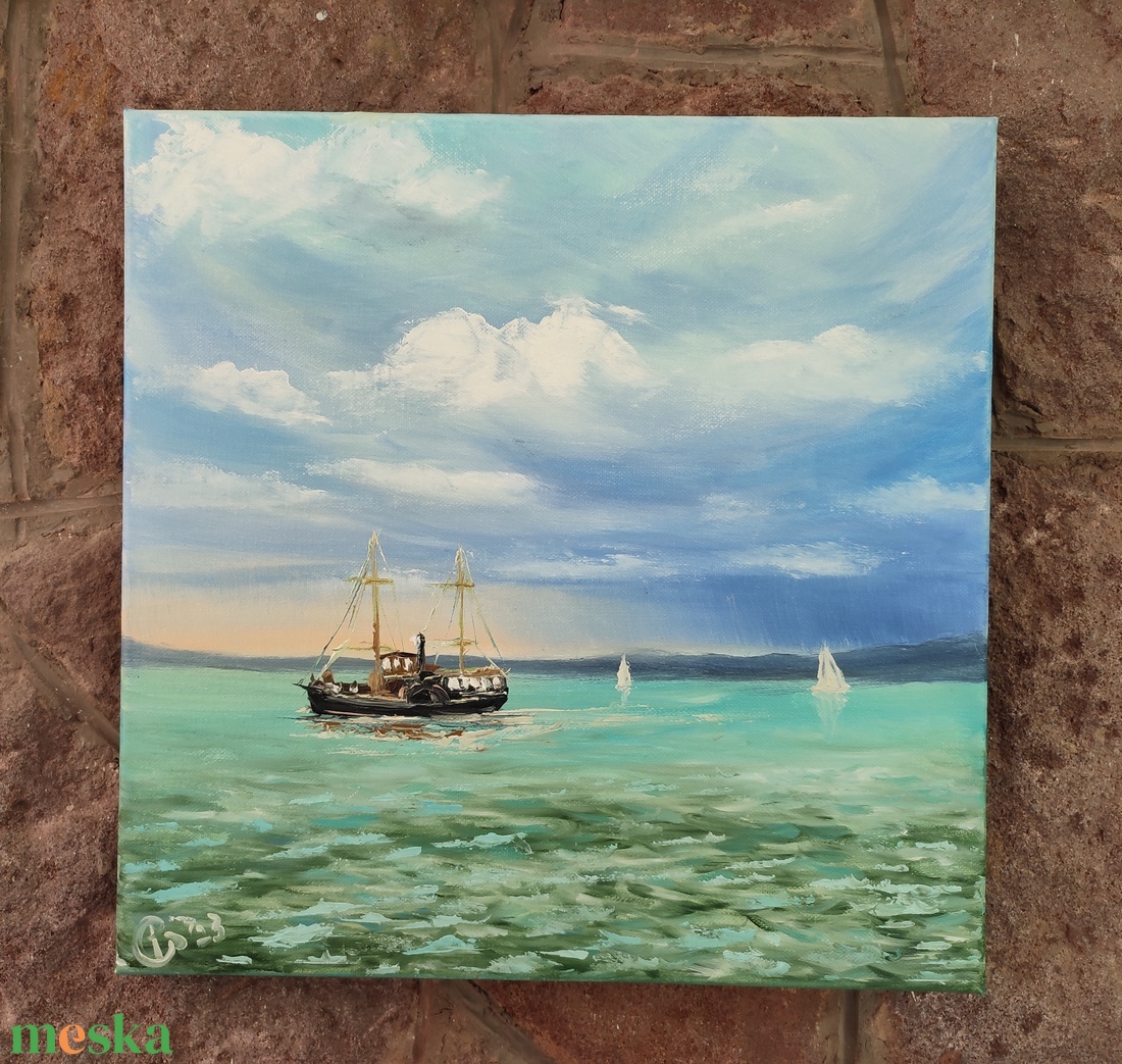 Kisfaludy hajó a Balatonon-olaj tájkép 40x40 cm - művészet - festmény - olajfestmény - Meska.hu
