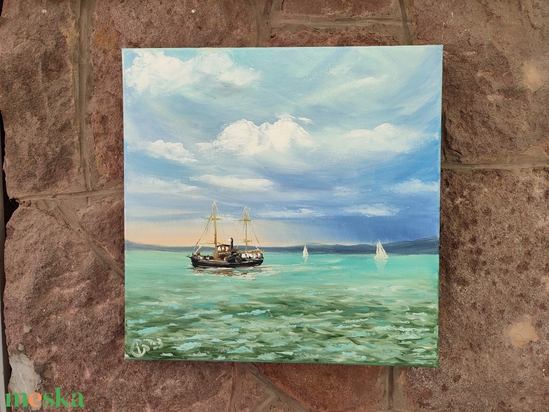 Kisfaludy hajó a Balatonon-olaj tájkép 40x40 cm - művészet - festmény - olajfestmény - Meska.hu