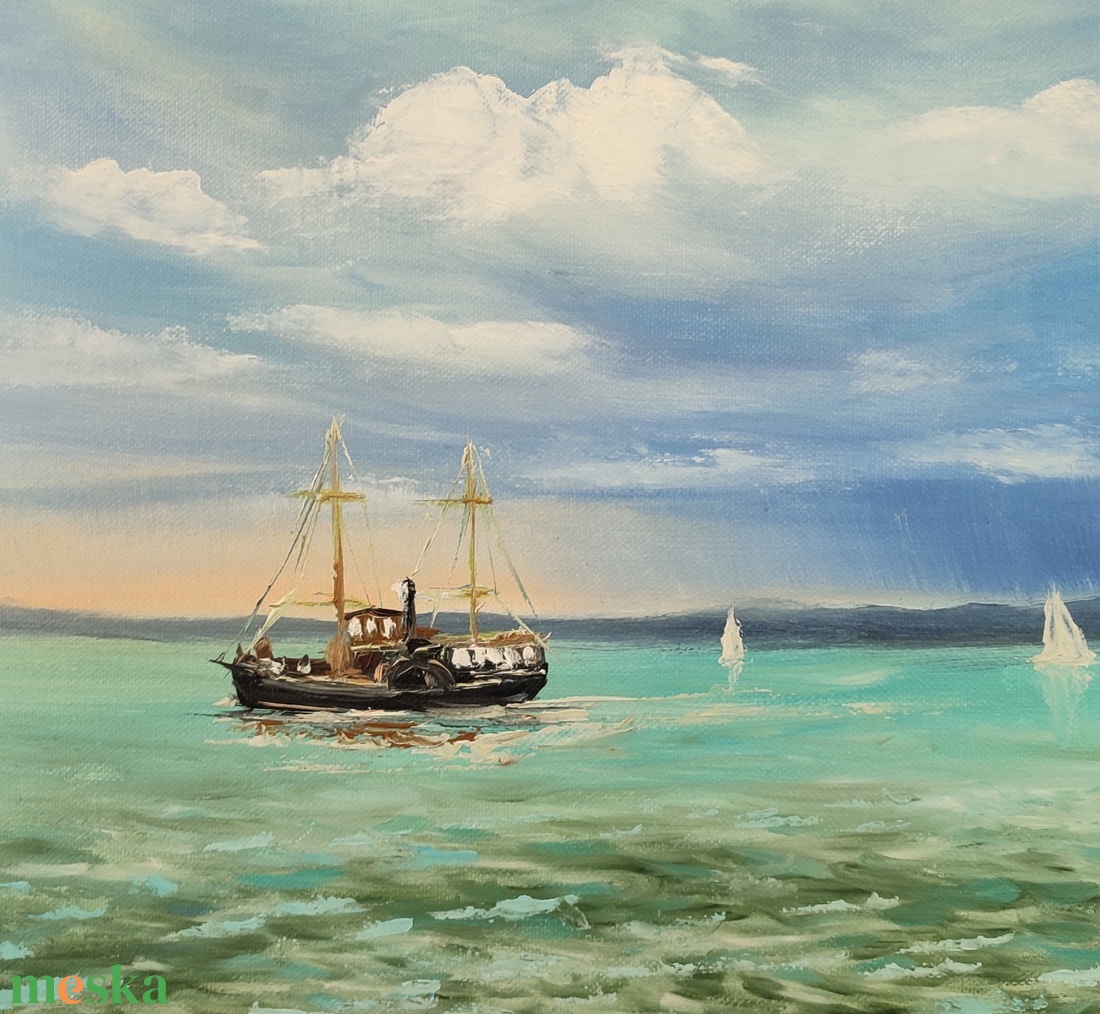 Kisfaludy hajó a Balatonon-olaj tájkép 40x40 cm - művészet - festmény - olajfestmény - Meska.hu