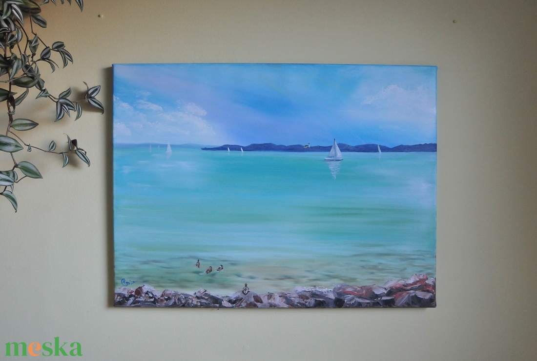 Balaton Alsóörsről Tihany látképével - 80x60xcm, olaj tájkép feszített vásznon - művészet - festmény - olajfestmény - Meska.hu