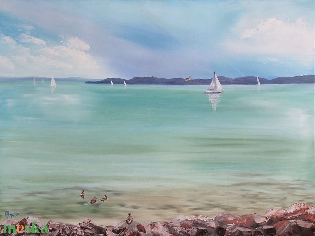 Balaton Alsóörsről Tihany látképével - 80x60xcm, olaj tájkép feszített vásznon - művészet - festmény - olajfestmény - Meska.hu