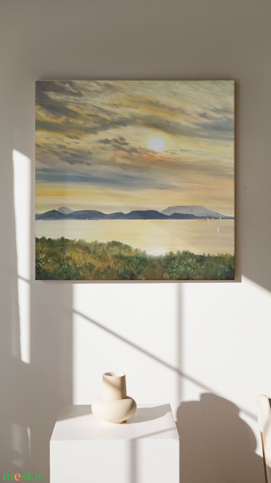 Balatongyörök, naplemente - 3 D-s olaj tájkép 60x60x4 cm - művészet - festmény - olajfestmény - Meska.hu